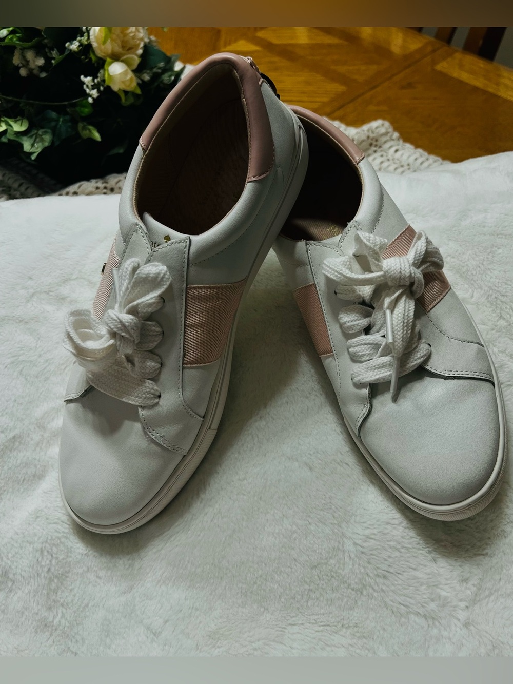 Kate Spade White Leather Sneakers with Blush Pink Accents